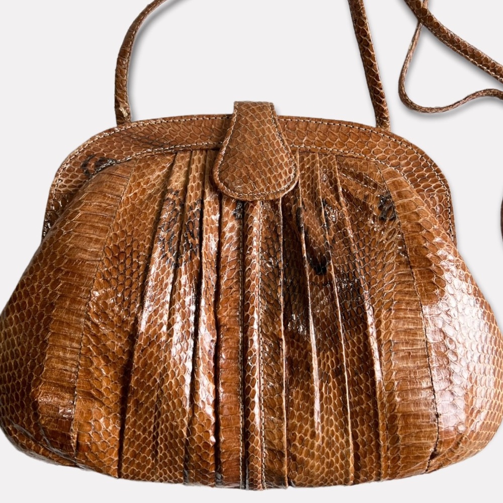 Vintage Python Snakeskin Pleated Front Brown Bag - image 2